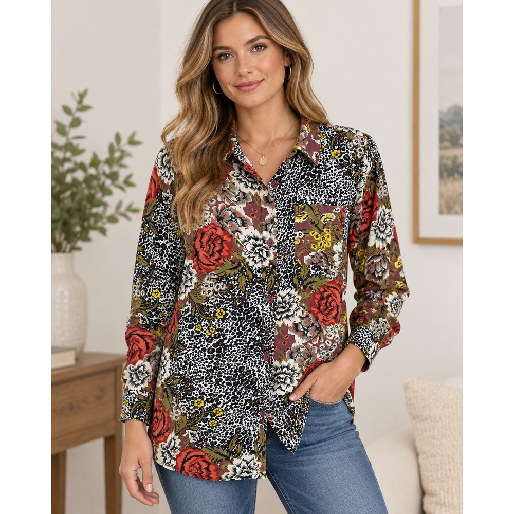 Burton Grace Premium Flannel Shirt Womens S Floral Leopard Print Mixed Media Top